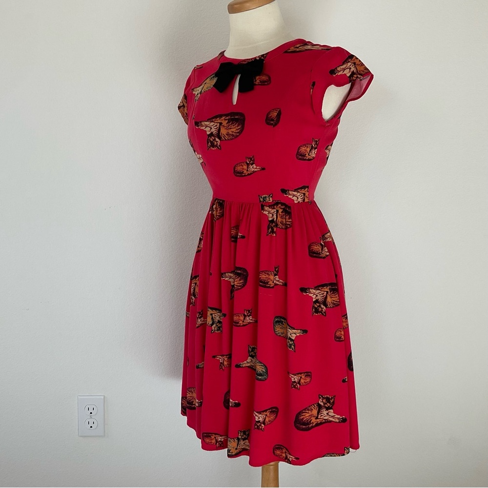 ModCloth Red Cat Print Fit & Flare Dress S - Picture 6 of 16